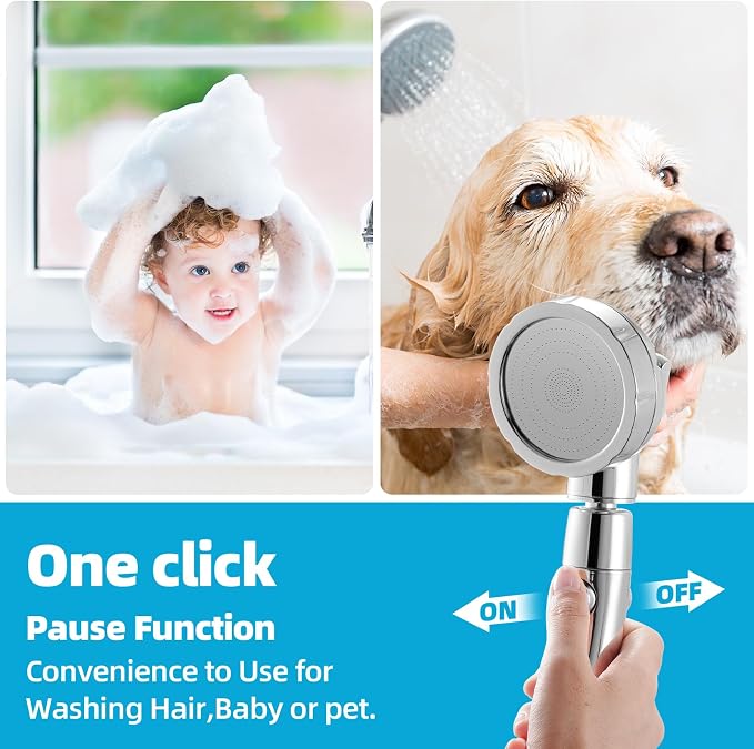 Marbrasse High Pressure Shower Head, 3-Settings Handheld Showerhead with ON/Off Full Shutoff Push Button and Switch to Control Flow, Angle-Adjustable Water Saving Body Sprays(Chrome)