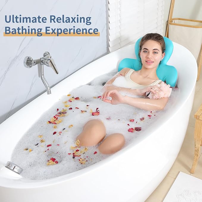 Luxury Bath Cushion, Full Body Bathtub Pillow with 160 Suction Cups, Bath Mat for Head and Neck Support, with Laundry Bag (Blue, 51" x 16")