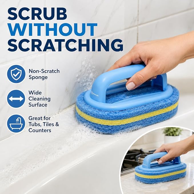 Scrub Brush Set for Bathroom Kitchen Bathtub Toilet Deep Cleaning Brush Tools All Purpose Cleaner Sponge Scrubbing Brushes with Ergonomic Handle, 4-Piece
