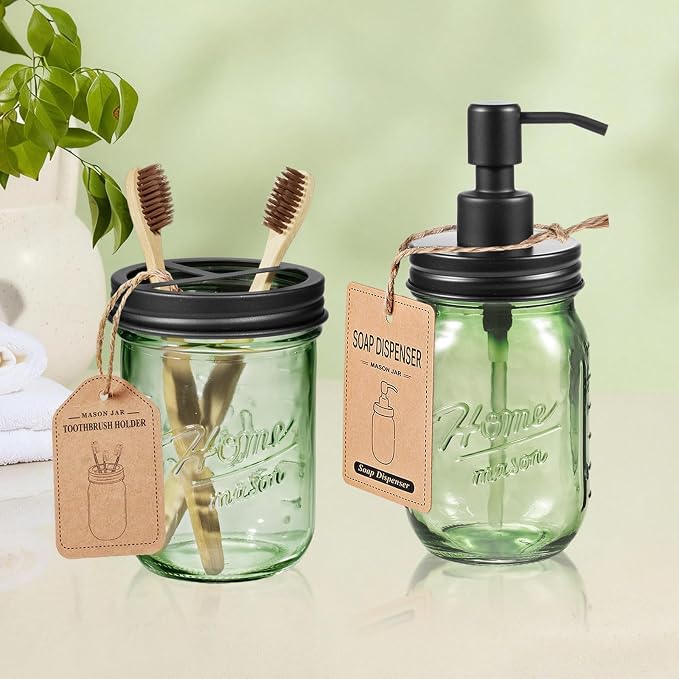 Amolliar 4PCS Bathroom Accessories Set, Green Glass Organizer Sets, Black | Lotion Soap Dispenser, Toothbrush Holder, 2 Qtip Holders, Rustic Farmhouse Decor for Countertop, Vanity, Bathroom Essentials
