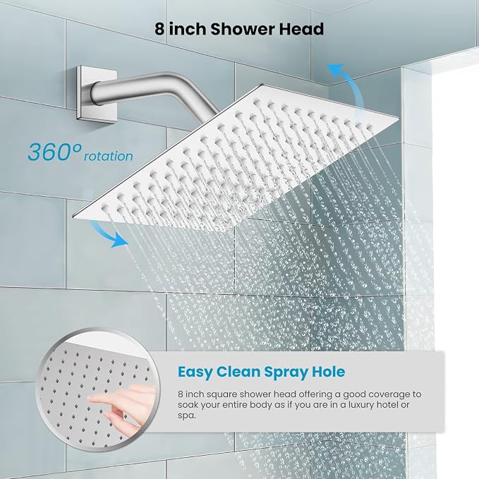 gotonovo Shower Faucet Set with Handheld Spray Polished Chrome,8'' Head | SUS304 Rainfall Shower Head and Handle Set System Fixture,Pressure Balance Valve Trim Kit,Single Handle,Wall Mount,All Metal