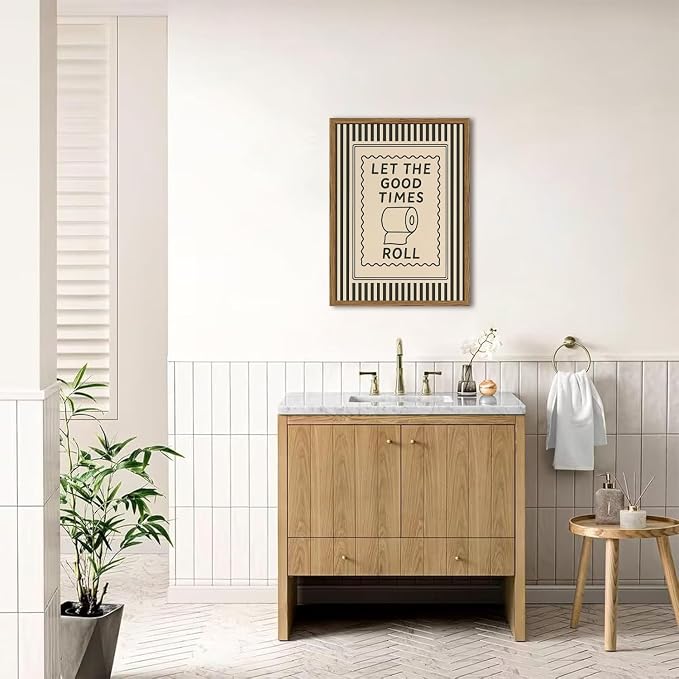 Let the Good Times Roll Bathroom Wall Art Funny Black and White Stripe Restroom Quote Wall Decor Vintage Toilet Paper Sign Poster Canvas Painting Prints 16x24 inch Wood Framed