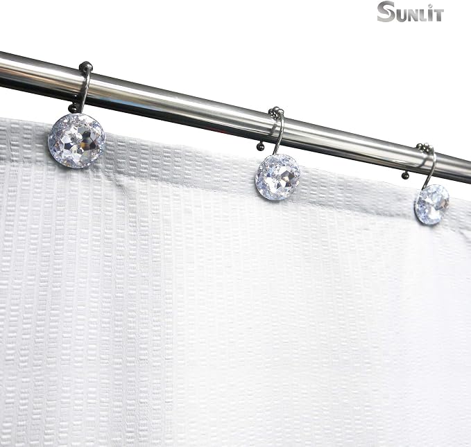 Sunlit Luxury Design Round Clear Diamond Crystal Gem Bling with Glide Balls Shower Curtain Hooks, Rust Proof Metal Rhinestones Glam Shower Curtain Rings-12 Pack