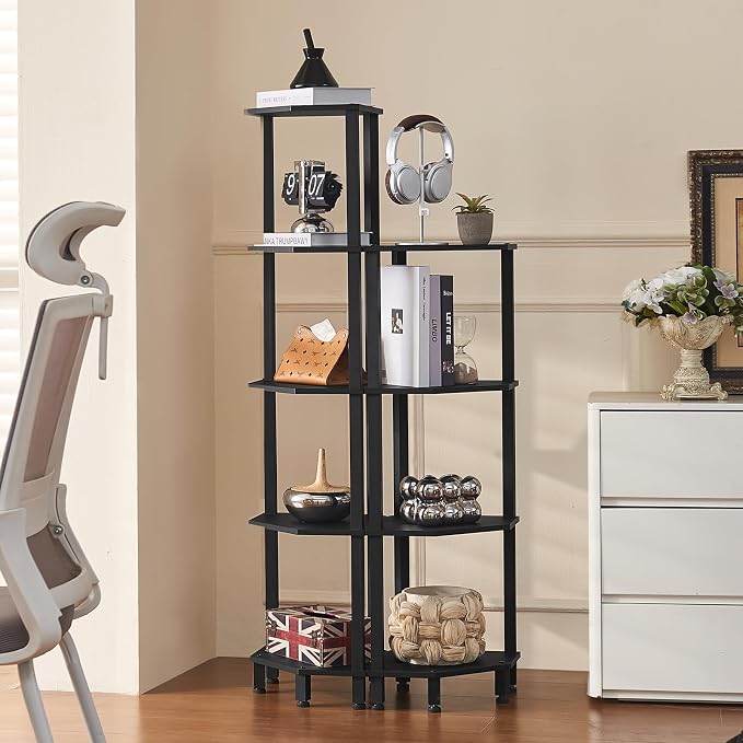 YUFAM 5-Tier Corner Shelf, Black | Wooden Corner Bookshelf for Small Spaces, Corner Standing Shelf with Sturdy 5-Leg Base