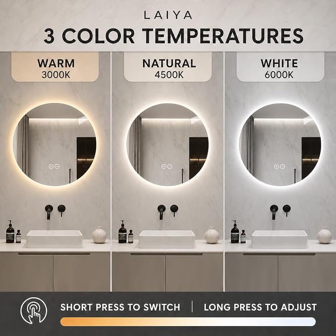LAIYA 28 Inch Round LED Bathroom Mirror Frameless Backlit Anti-Fog Dimmable | Touch control, 24V IP65 strip, CRI 95+, 3000K-6000K colors, 10%-100%, memory, 5mm copper-free glass, 3-5 min defog, wall kit.