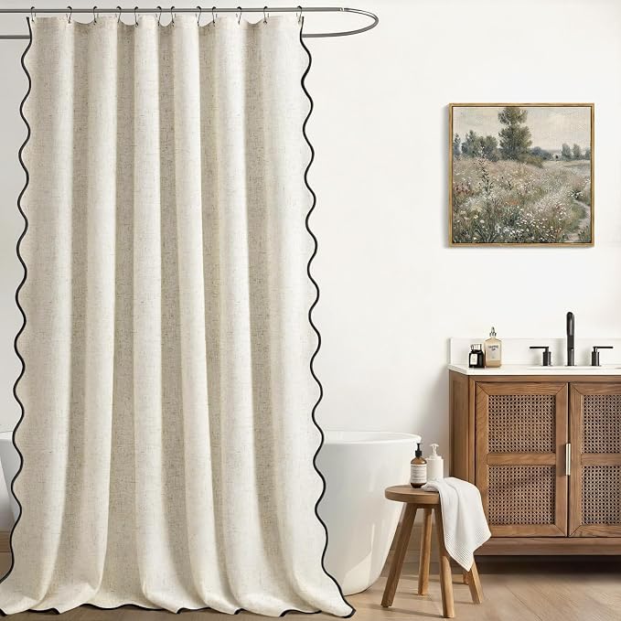 Scalloped Shower Curtain Linen Boho Flax Cream 72" W x 78" L | Linen Fabric, Black Border, Washable, Heavy Duty Cloth, Shower Curtain for Boho Farmhouse Bathroom Bathtub
