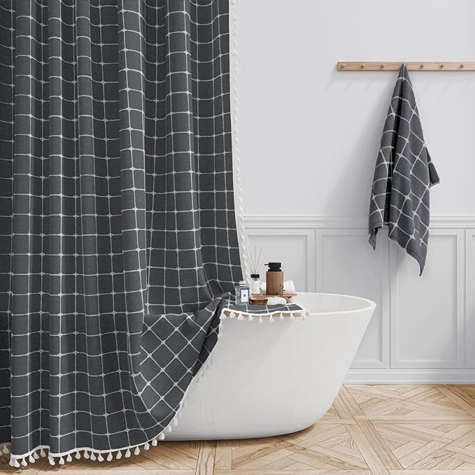 60x72 Boho Linen Heavy Duty Fabric Shower Curtain Set, Charcoal Gray | Narrow Size, 330GSM Linen Blend, 3-side Tassels, Water Repellent Cloth, 10 Plastic Hooks, Rustic Bohemian, Machine Washable