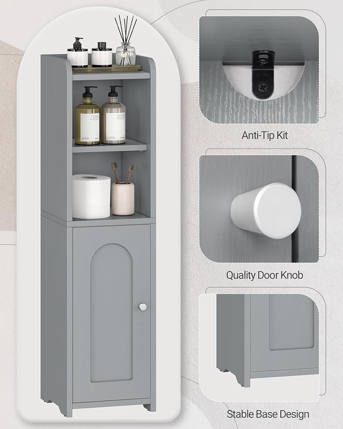 Hzuaneri Bathroom Storage Cabinet, Narrow Toilet Paper Cabinets with Doors | Small Corner Floor Cabinet with Doors and Adjustable Shelf, Bathroom Organizer for Small Spaces, Gray BC19721X
