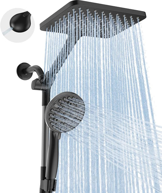 Dual Handheld Shower Head Combo, 2-in-1 Rain Shower Heads System Wide Rainfall Shower Head and 10 Modes High Pressure Hand Held Showerhead with Built-in Power Wash