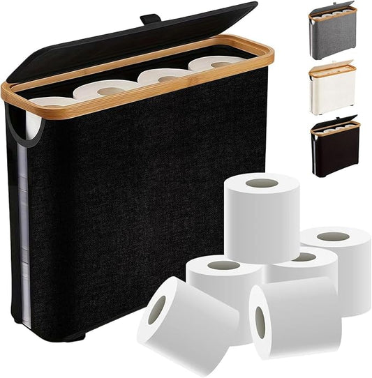 Toilet Paper Roll Storage Basket with Lid for 12 Rolls | Slim Organizer for Small Spaces, Anti-Slip Base, Outer Handles, Waterproof, Foldable Design, Bathroom & Motorhome, Black 30L