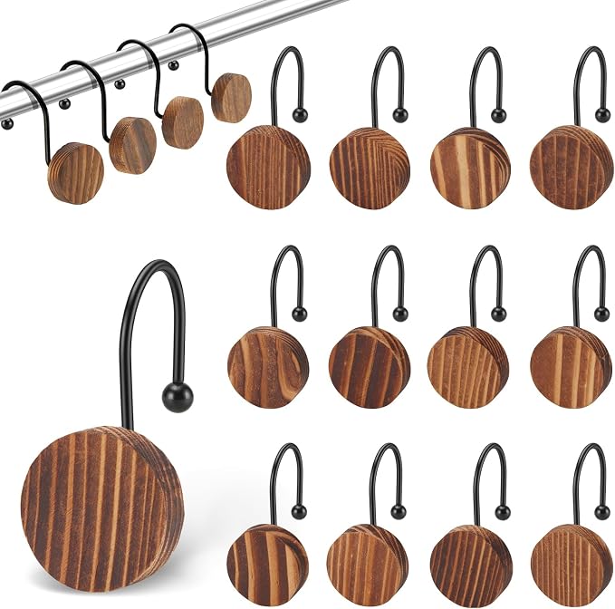 Wood Shower Curtain Hooks,Boho Shower Curtain Rings Decorative,Free Sliding Shower Hooks for Shower Curtain & Liners, Shower Curtain Hangers for Bathroom Shower Curtain Rods Curtains(Brown, 24)