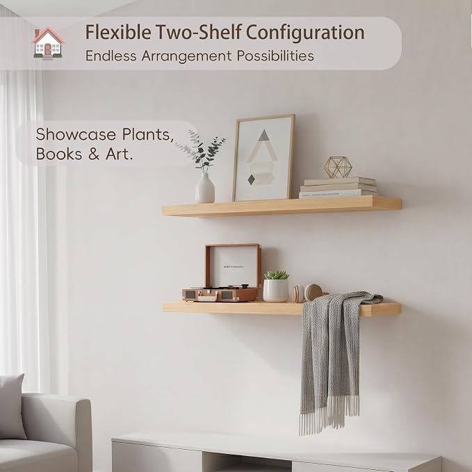 Lufia Floating Wall Shelves, Set of 2, MDF with Invisible Brackets, Modern Storage for Bedroom, Bathroom, Living Room, Kitchen (Natural, 24" W x 7" D x 1.5" H (2 Pieces))