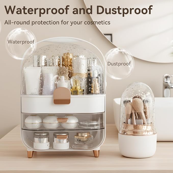 Makeup Organizer for Vanity with Brush Holder, Lid and 2 Drawers, Rose Gold | Large Capacity Bathroom Counter Organizer for Skincare, Cosmetic Storage, Dustproof, Waterproof, Teen Girl Gifts