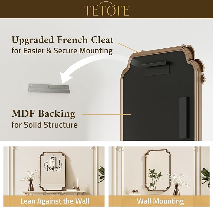 Antique Gold Brass Rectangle Mirror for Mantle Fireplace 24 x 32 Baroque Vintage Ornate Scroll Wall Mirror with Metal Frame for Traditional Victorian French Decor, Horizontal/Vertical