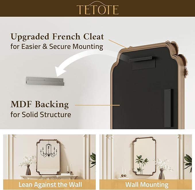 Baroque Gold Antique Brass Scroll Wall Mirror 40 x 30 Vintage Rectangle Framed Baroque French Rectangular Mirror for Mantle Fireplace Bathroom Living Room, Horizontal/Vertical