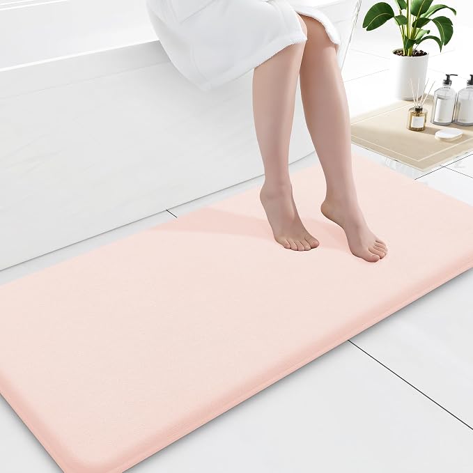 Smiry Memory Foam Bath Mat 47x20, Extra Soft and Absorbent Bathroom Rugs | Pink, Quick Dry Machine Washable Non-Slip Bath Mat for Bathroom Floor, Shower and Tub