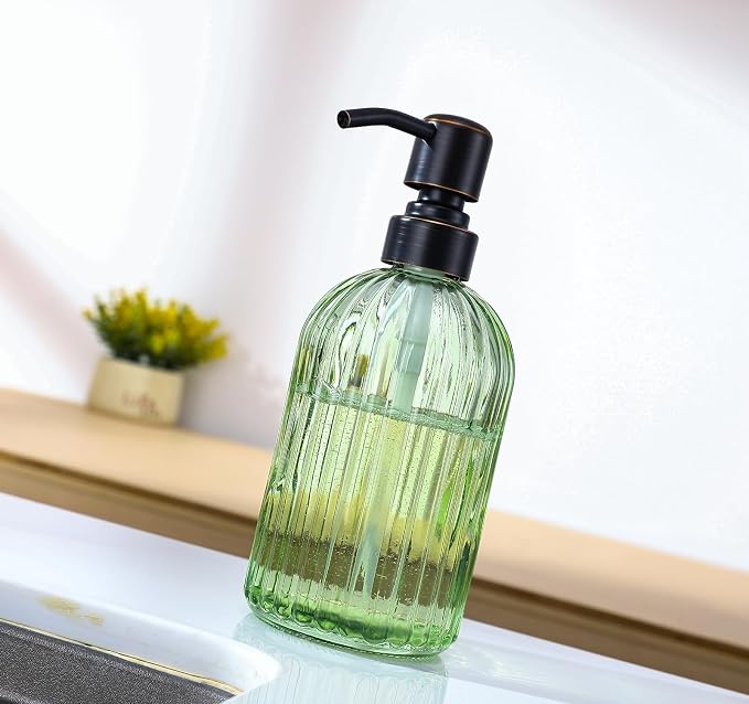 16Oz Green Glass Soap Dispenser with Rust Proof Bronze Stainless Steel Pump, Green Countertop Refillable Liquid Lotion Dispensers with Stainless Steel Pump, Oil Rubbed Bronze Soap Dispenser