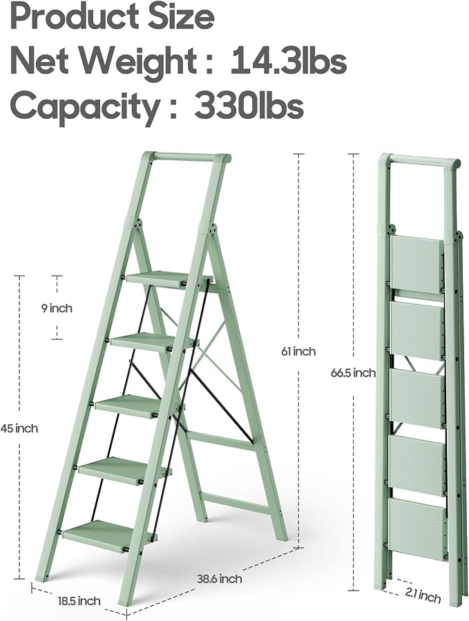 HillhutApex Aluminum 5 Step Ladder, Step Stool Foldable Ladder(Pale Green) | Stepladder with Handgrip,Anti-Slip Pedals,330lbs Capacity,Lightweight Portable Folding Ladder for Home,Office,Libaray
