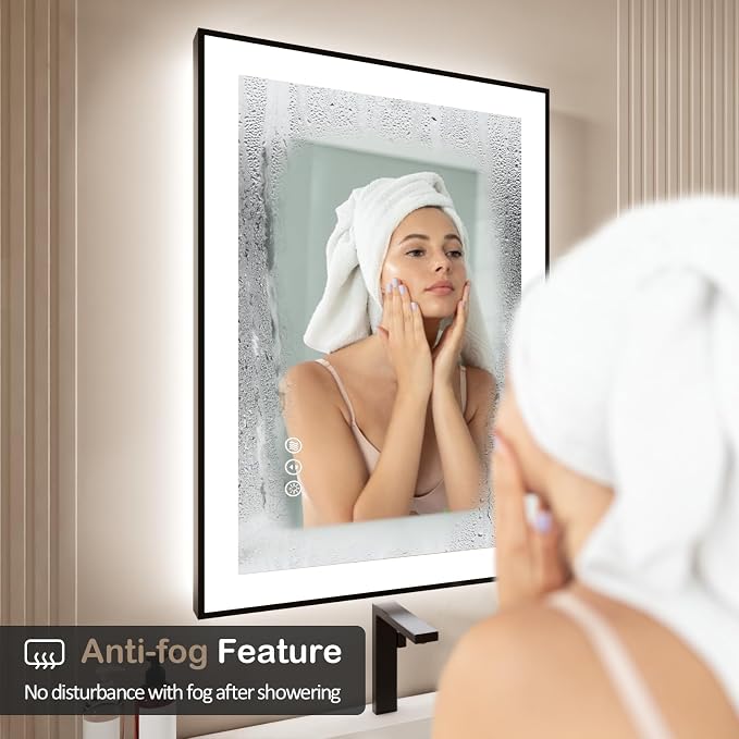 30x36 Inch LED Bathroom Mirror with Black Frame | Black Metal Frame, Front and Backlit, 3 Colors, Dimmable, Memory, Anti Fog, Tempered Glass, Lighted Mirror for Wall