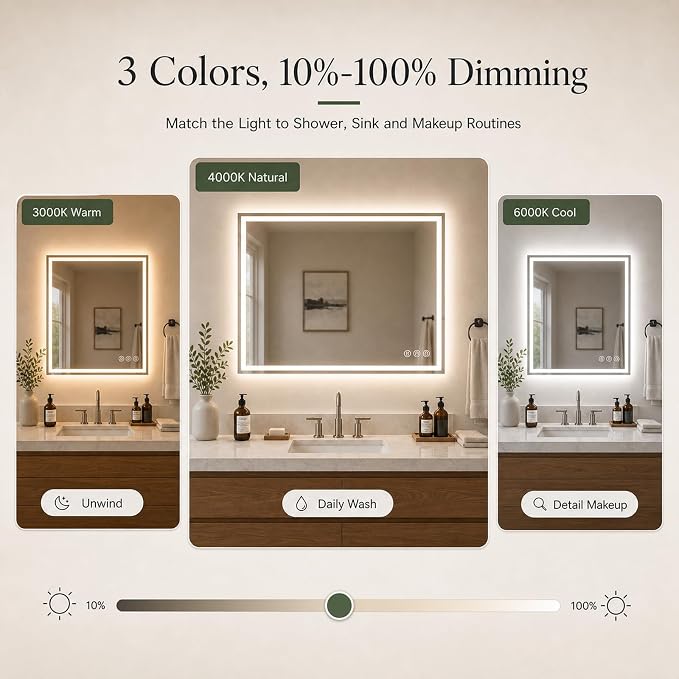 Snowdool 30 x 36 in RGB LED Bathroom Mirror, Front and Backlit, Anti-Fog | 8 RGB Backlight Modes, 3 Front Light Colors, Anti-Fog, Tempered Glass