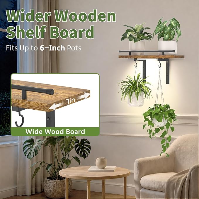 LASZOLA Wall Plant Shelves Floating Hanger Holder with Grow Lights, Brown | Window Stand with Hooks, Metal and Wood, Flower Hanging Display Rack for Indoor Bedroom Living Room Bathroom Kitchen Decor