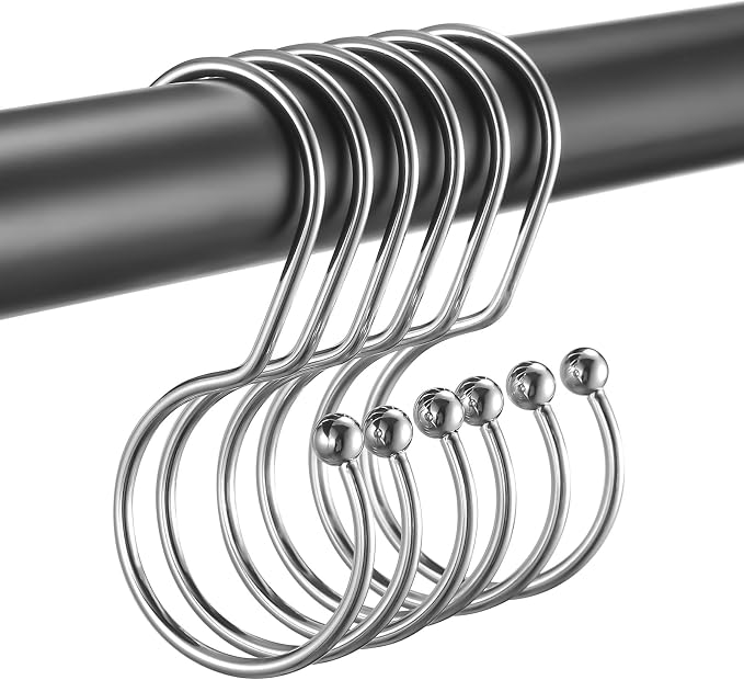 Shower Curtain Hooks, Anti-Fall S-Shaped Shower Curtain Ring, Decorative Silver Shower Curtain Hooks Rings Rust Proof Shower Rings for Curtain, Shower Hooks for Shower Curtain, 12 Pack, Chrome