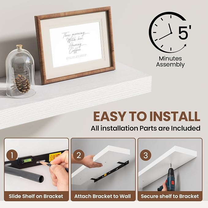 Acovy 55 Inch Floating Shelves for Wall 1 Pack, 55" Wall Shelves for Books, Storage, Decor, Wall Mounted Floating Shelf with Invisible Brackets for Kitchen, Living Room, White