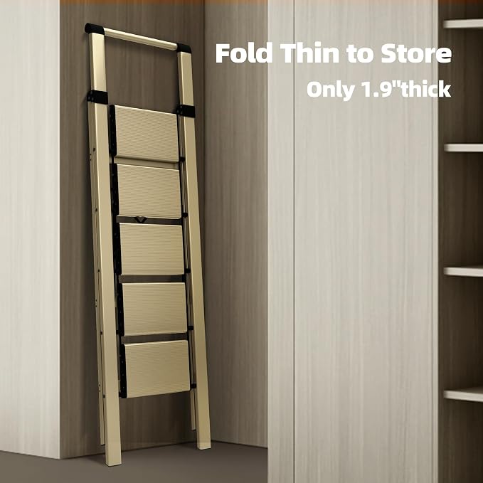 HillhutApex Aluminum 5 Step Ladder, Step Stool Foldable Ladder(Gold) | Stepladder with Handgrip,Anti-Slip Pedals,330lbs Capacity,Lightweight Folding Ladder for Home,Office,Libaray