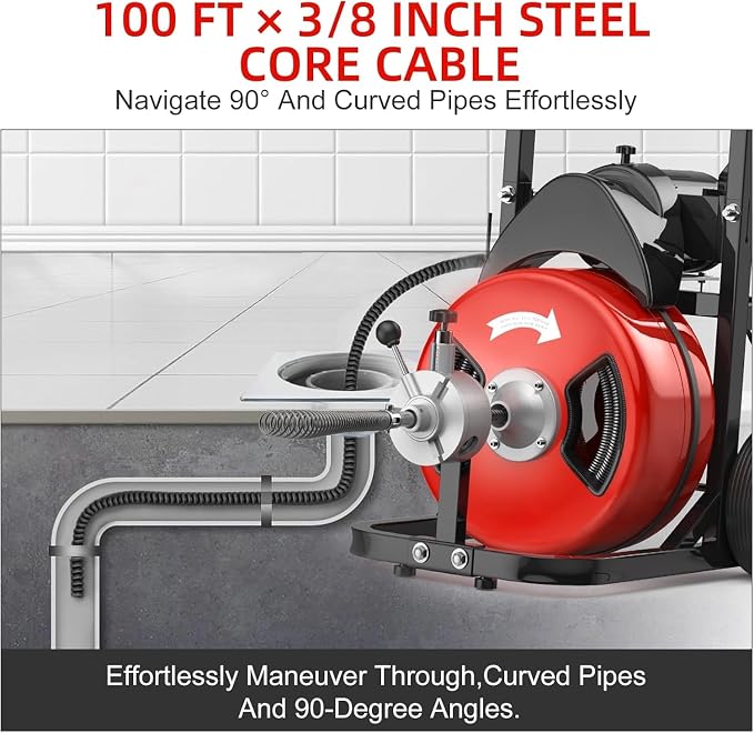 100Ft 3/4 Inch Drain Cleaning Machine. Sewer Snake 750w Auto Feed | Portable Drain Cleaning Machine Electric Drain Auger Sewer Auger with 6 Cutter Air-Activated Foot Switch for 4" to 8" Pipes