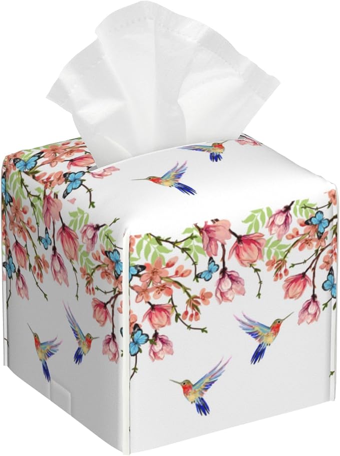 Hummingbird and Flowers Tissue Box Cover Square,Pink Floral Bird Butterfly Tissue Box Holder Waterproof Leather Facial Paper Organizer Dispenser for Bathroom Home Car Nightstand Vanity Desk