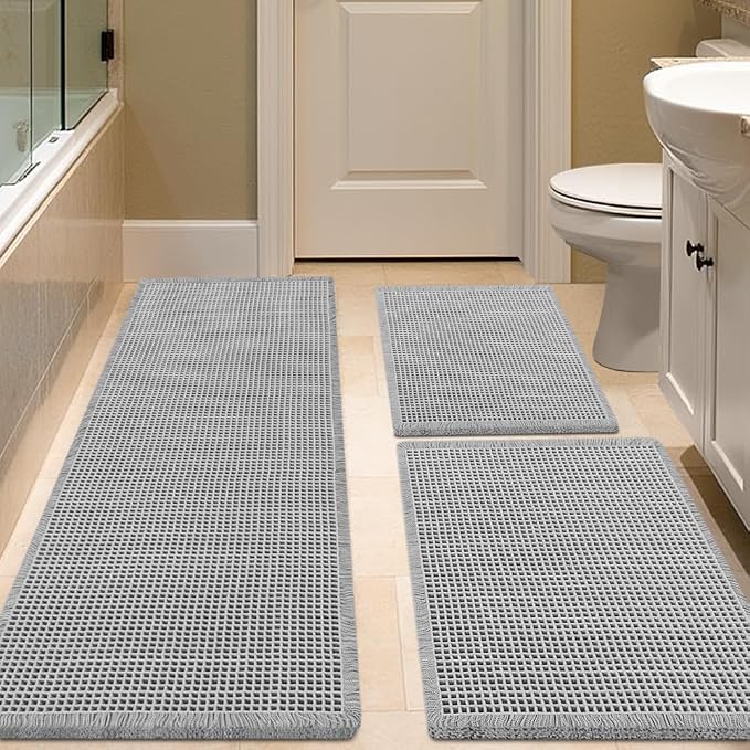 Waffle Bath Mat Set 3 Piece Light Grey,Woven Modern Bath Rug Mats, Absorbent Non Slip Bath Floor Mat, Soft Washable Boho Bath Rugs with Tassels for Bathroom, Bedroom, Kitchen,Tub