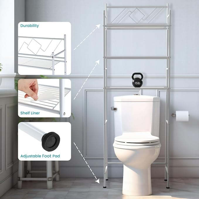 Home Zone Living Over-the-Toilet Bathroom Storage Cabinet Organizer | Freestanding Steel Frame Design with 3-Tier Shelves and Adjustable Feet, White