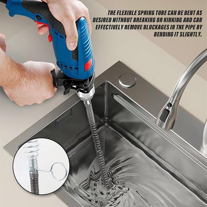 20ft x 1/2" Drain Snake Plumbing Pipe Cleaning Cable w/ 6 Cutters | Heavy-Duty Stainless Steel, Manual & Powered Adapter, Auto Feed, Hollow Core Design, Interchangeable Blades, for Sinks & Tubs