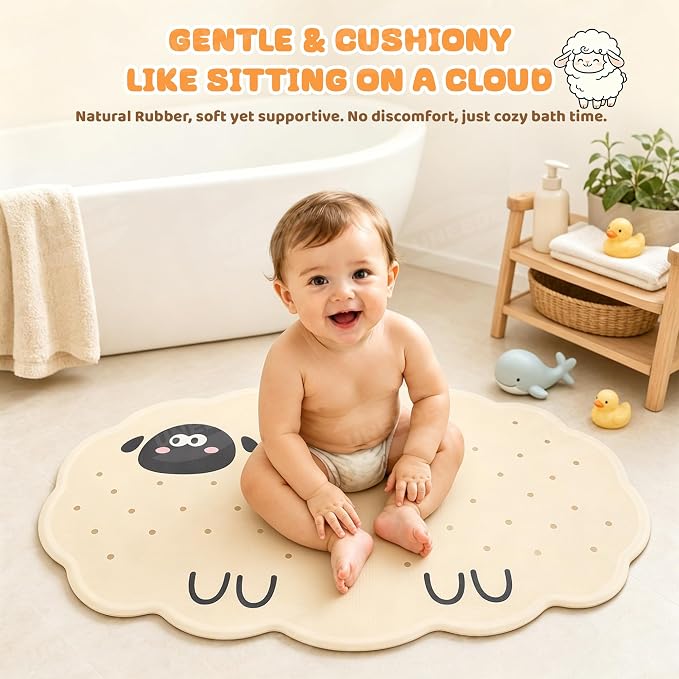 UNEEDE Non Slip Bathtub Mat for Kids | Natural Rubber Toddler Bath Mat with 113 Suction Cups and 46 Drainage Holes, Machine Washable Bath Essential, 27.5x15.7 Beige