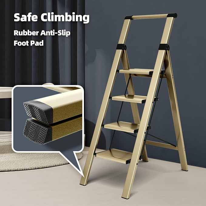 HillhutApex Aluminum 4 Step Ladder, Step Stool Foldable Ladder(Gold) | Stepladder with Handgrip,Anti-Slip Pedals,330lbs Capacity,Lightweight Folding Ladder for Home,Office,Libaray