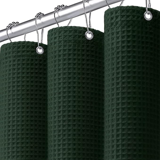 Extra Long Waffle Shower Curtain Heavyweight Cotton Fabric Dark Green 72Wx90L