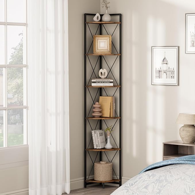 6 Tier Corner Shelf Stand, 78" H Tall Corner Bookshelf, Rustic Brown | Industrial Metal Corner Shelf for Living Room Decor, Plant Stand Display Shelf for Bedroom, Bathroom, Small Spaces