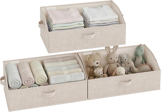 StorageWorks Closet Storage Bins Trapezoid, Khaki Stripes, Large, 3-Pack | Closet Organizer Bins, Trapezoid Organizer Box for Shelves, Fabric Clothes Bin, Foldable Organizing Baskets with Handles