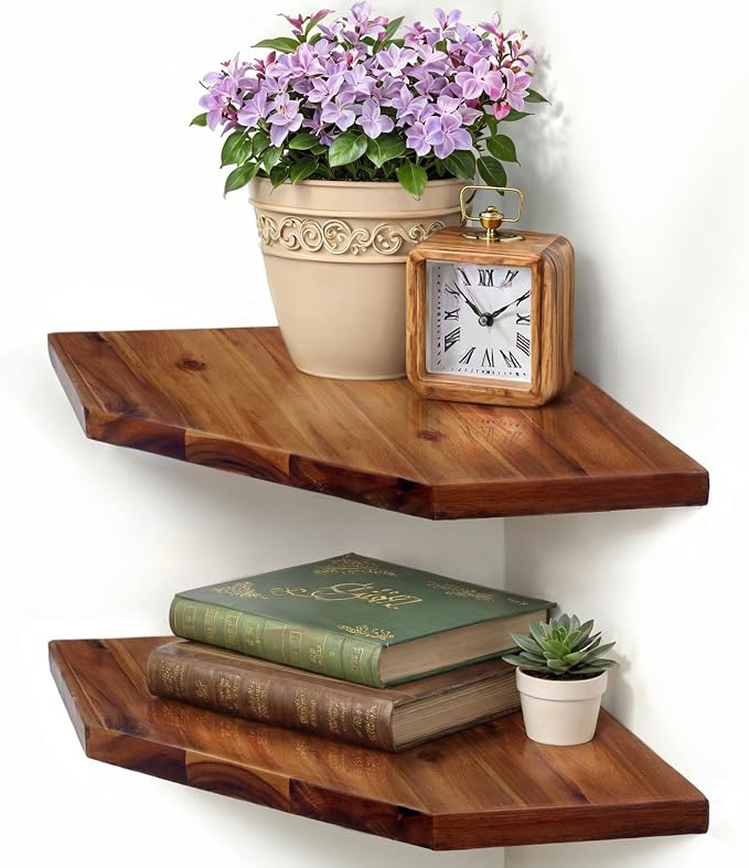 Demigo Corner Shelf Wall Mount, 2-Pack Acacia Wood Floating Corner Shelves | 11.8 x 16.5 in Wall Mounted Triangle Shelves for Bedroom, Living Room, Bathroom & Kitchen, Durable Storage Display Decor