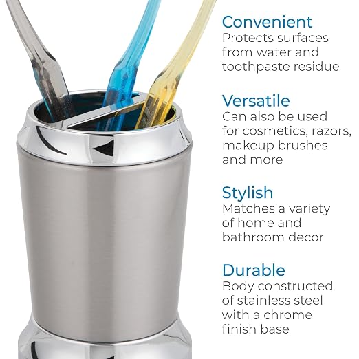 iDesign Preston Toothbrush Holder, Brushed & Chrome Split Finish | Stainless Steel, 3" x 3" x 4.5"
