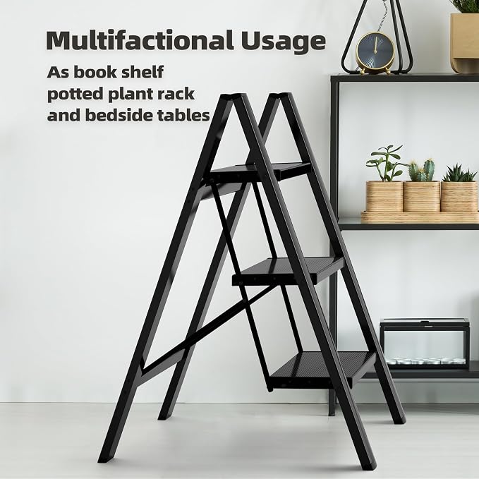 HillhutApex Aluminum Step Stool Foldable,3 Step Ladder (Black) | Lightweight Portable step ladder with Anti-Slip Wide Pedal,330lbs Capacity Ladder for Household,Office,Kitchen