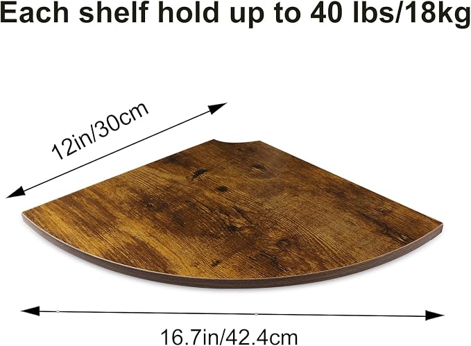 JJL Corner Shelves, 12 Inch Deep Corner Shelf Wall Mounted with Wire Hole, 2 Tier Sector with Hole - Corner Hanging Shelving for Wall Storage, for Speaker, Cable Box, Rust Brown