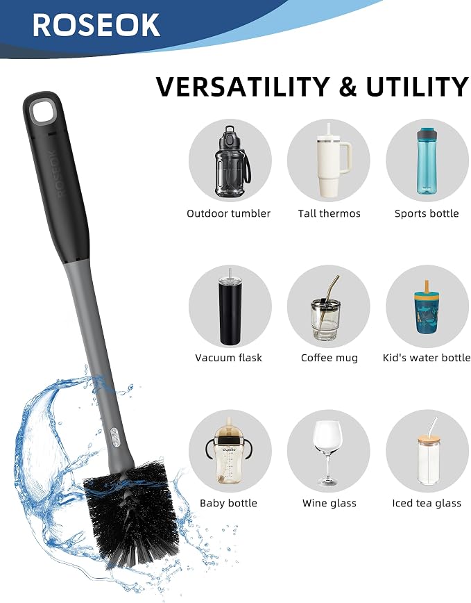 ROSEOK 2 in 1 Bottle Brush with Straw Cleaner Brush, Water Bottle Brush | For Cleaning Glass, Sports Bottle, Coffee Mug, Cup Cleaner, Black, 1 Pack