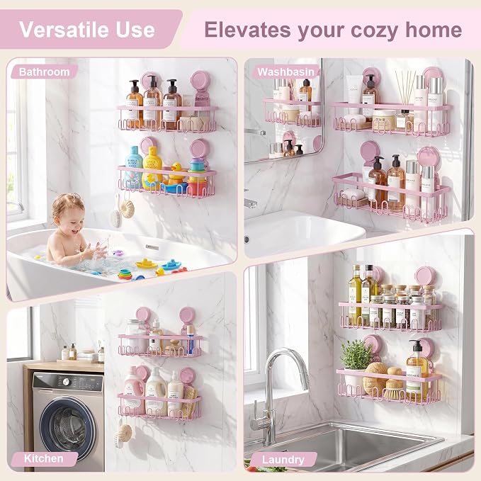 JOTPE Pink Suction Cup Shower Caddy, 2 Pack Bathroom Organizer with Hooks | No-Drill Shower Organizer with Strong Suction Cups, Rust-Resistant Metal Shelves Store Shampoo, Soap and Bath Essentials