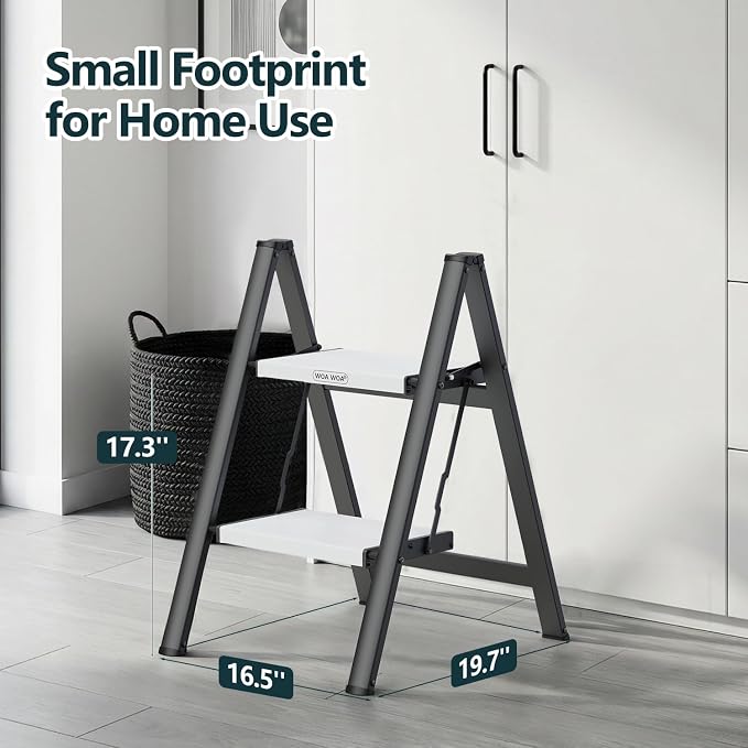 2 Step Foldable Step Stool, 300lbs Load, Black & White | Folded 27''H x 3''T; Net 6.9 lbs; Non-Slip Feet: Wood/Tile/Carpet; Rigid Aluminum Steps; No Assembly; Ready From Box.