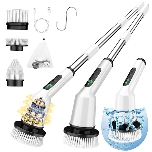 Electric Spin Scrubber for Bathroom, Shower Scrubber with Long Handle | Shower Cleaner Brushes, IPX7 Waterproof & 2 Speed, 3 Brush Heads, 90min Runtime, Bathroom Cleaning Supplies for Toilet Tub