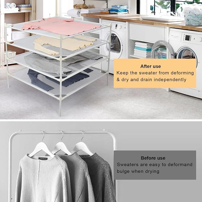 Sweater Drying Rack Flat, Metal Tube Mesh Clothes Drying Rack for Laundry with Rubber Feet, Stackable Laundry Clothing Dryer Rack for Art, Clothes, Indoor & Outdoor, White, 4-Layer
