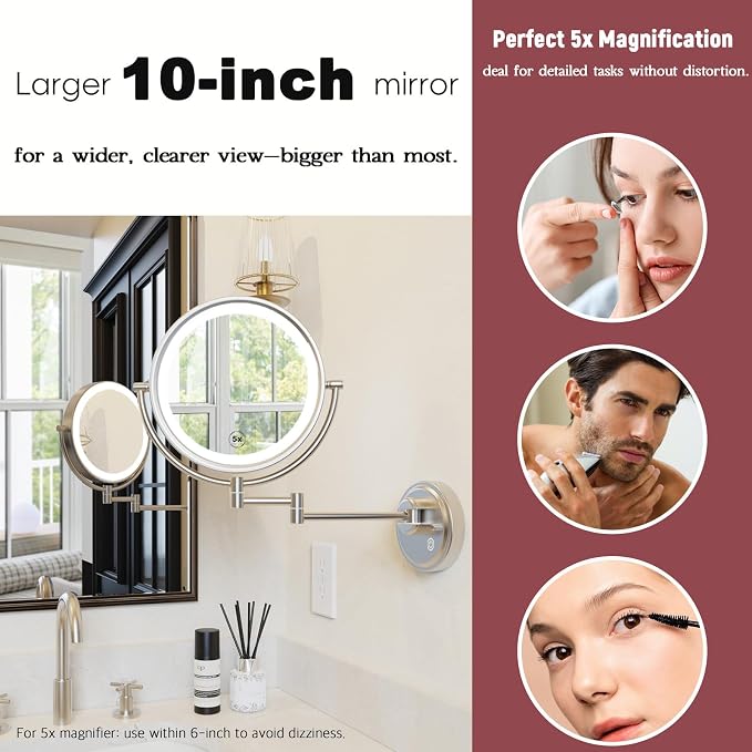 10" Brass Wall Mount Magnifying Makeup Mirror with Extension Arm Lighting | 3 Color LED Touch Dimmable, 2 Sided SPA Hotel Bathroom 5X Vanity Cosmetic Shaving, 360 Rotation, Rechargeable, Brushed Nickel