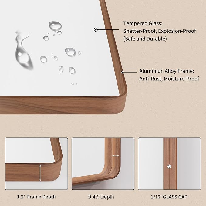 LOAAO 48X36 Inch Bathroom Mirror with Wood Grain Colored Metal Frame | Rounded Rectangle Metal Framed, Anti-Rust, Hangs Horizontally or Vertically, Tempered Glass