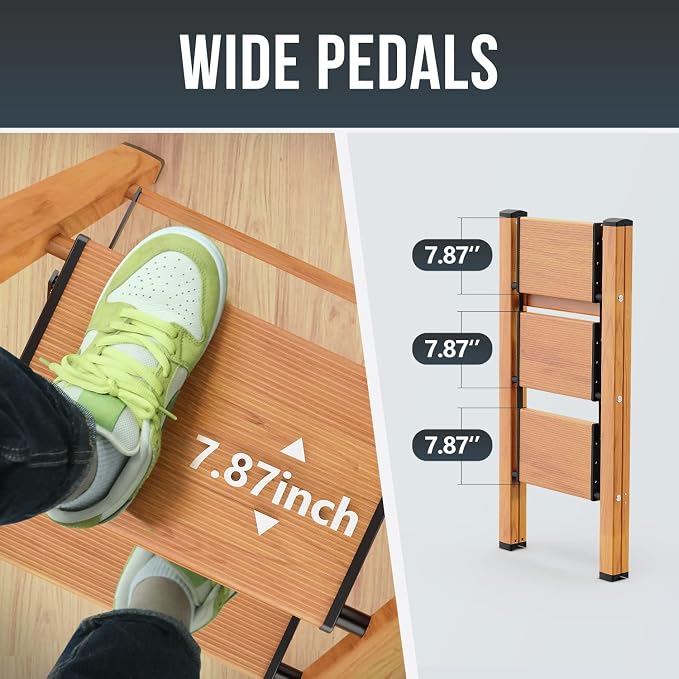 3 Step Foldable Step Stool, 300lbs Load, Wood Grain | Folded 36''H x 3''T; Net 9 lbs; Non-Slip Feet: Wood/Tile/Carpet; Rigid Aluminum Steps; No Assembly; Ready From Box.